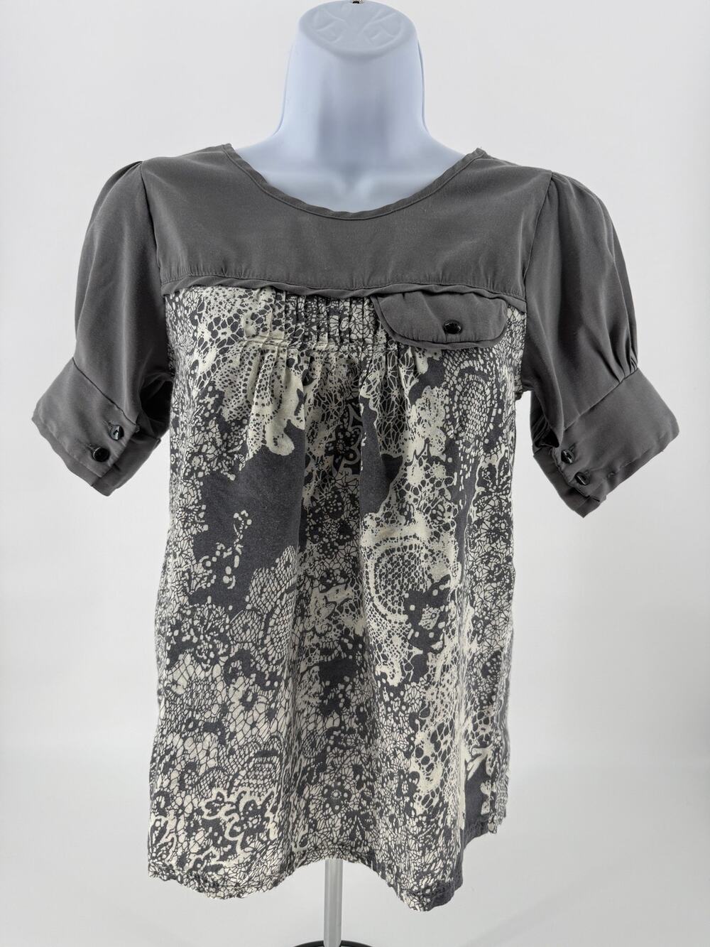 Julia Gray Lace Print Puff Sleeve Empire Waist Women’s Small Cottagecore Boho